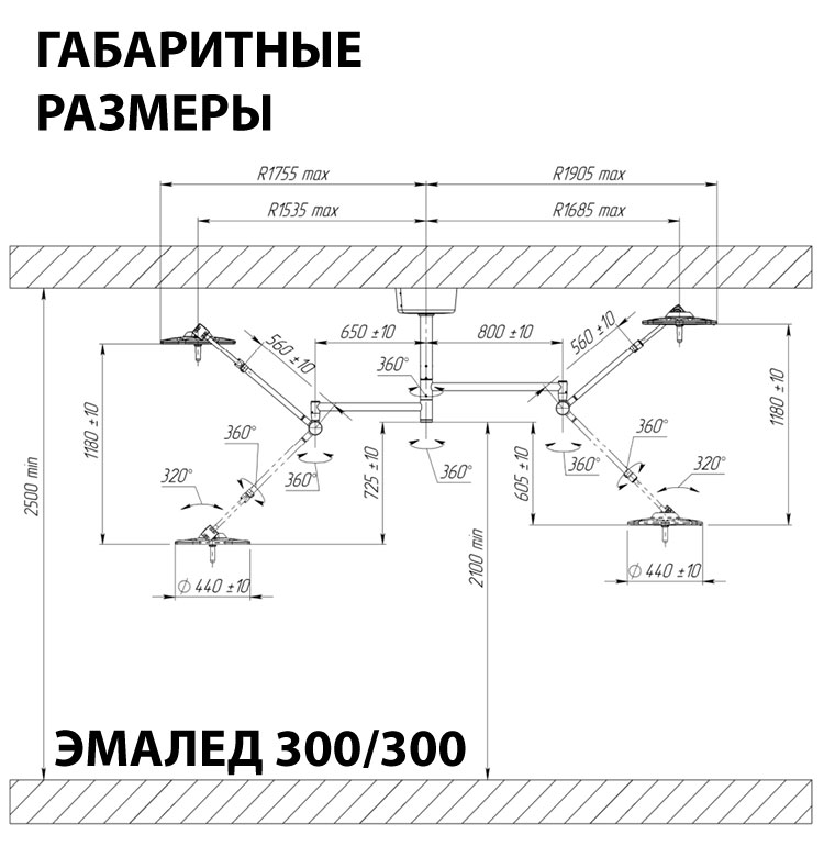 Светильник операционный потолочный «ЭМАЛЕД 300/300» - Габаритные размеры